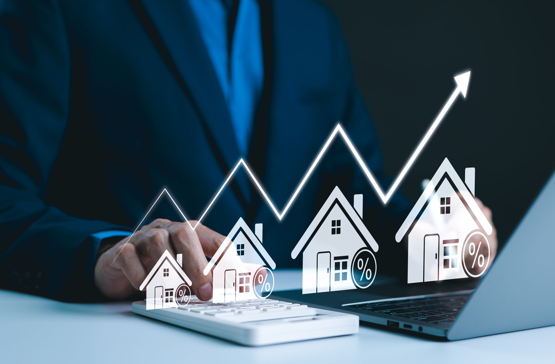 Real Estate Investment and Market Growth Concept. Analyzes real estate market growth trends. Graph show rising house price, interest rate, property mortgage, loan home, and investment opportunities.